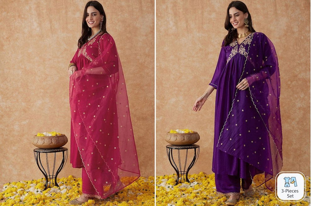 Manasvi Embroidery Vichira Silk Alia Cut Kurti With Bottom Dupatta
